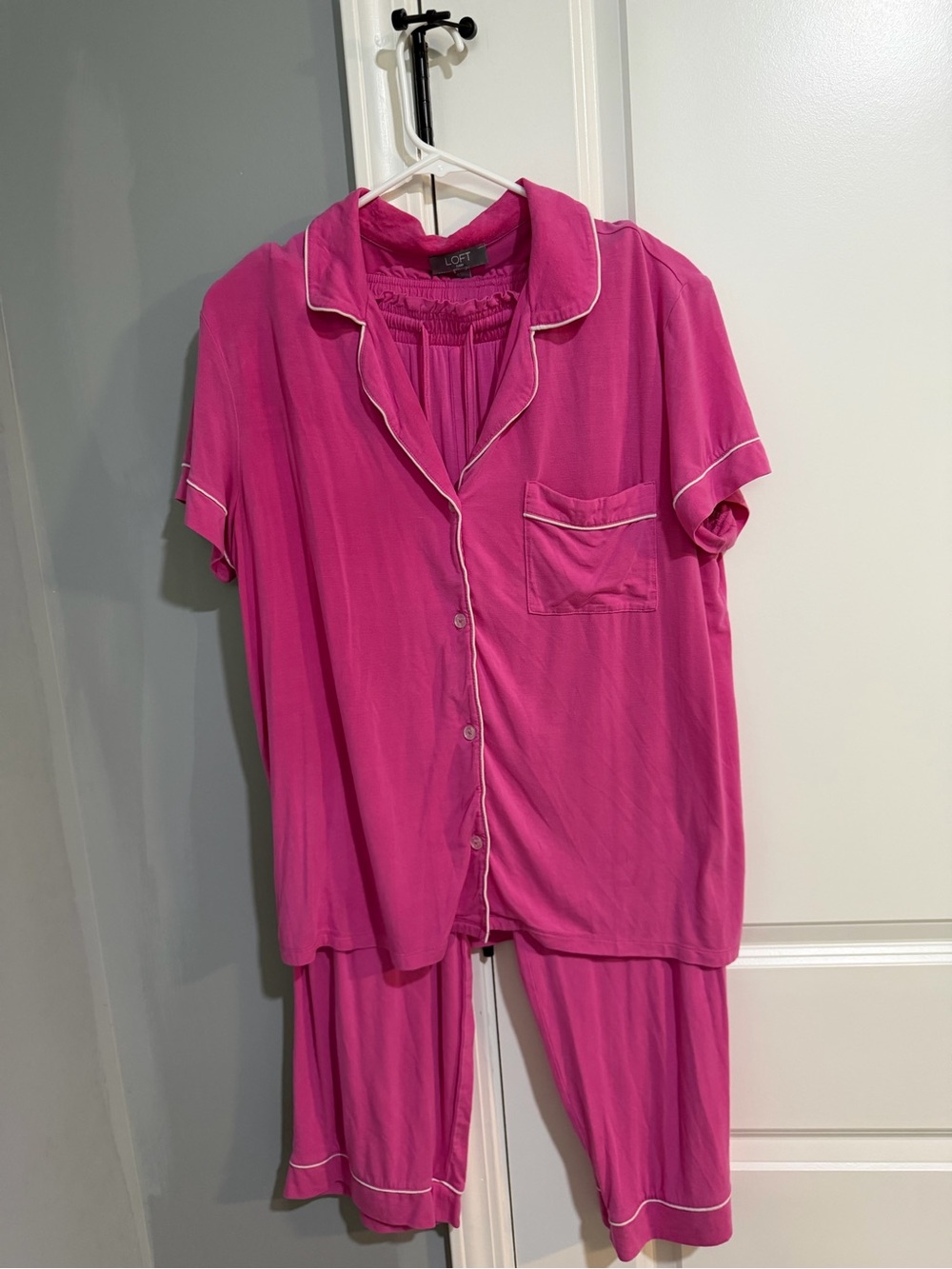 LOFT Hot Pink Short Sleeve Pajama Set with White Piping
